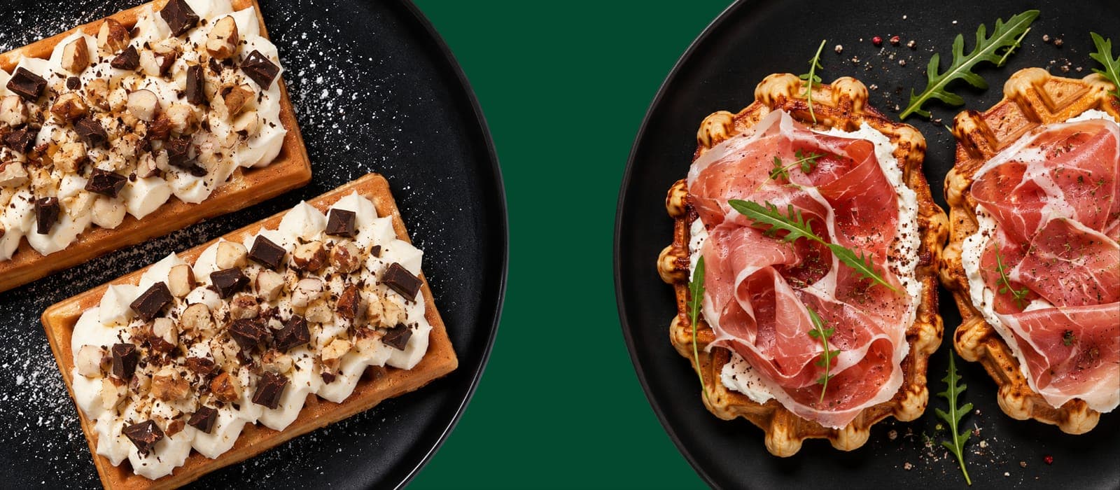 A generous topping bar with artisanal jams, fresh berries, physalis, nuts and dessert sauces for building your waffle